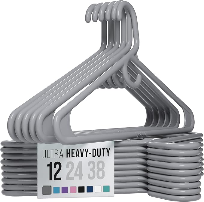 NEATERIZE Thick Heavy Duty Hangers - Grey Plastic Clothes Hangers 12 Pack - Great for Coat Hanger, Jackets Jeans & Suit Hanger for Closet - New Apartment Essentials Percheros Ganchos para Colgar Ropa by Neaterize
