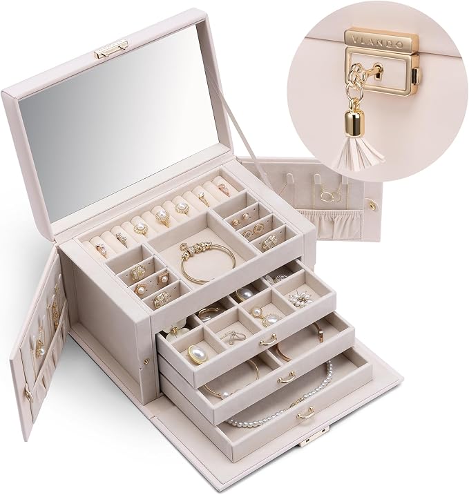 Vlando Lockable Jewelry Box Organizer with Key, 3-Tiered Storage Tray for Necklaces Earrings Rings Bracket Accessories Storage Display, Full HD-Mirror, Pink Beige by VLANDO