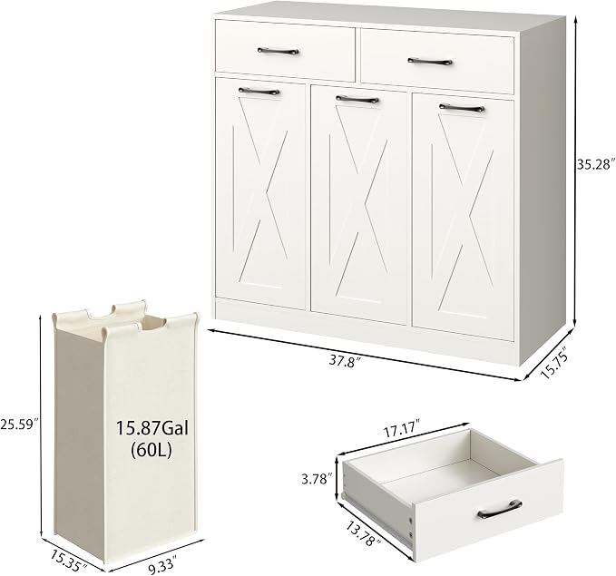 Herture Laundry Hamper Cabinet, Laundry Basket 3 Section with 2 Storage Drawers, Laundry Sorter with Pull-Out Removable Large Bags, 3 x 15.87 Gallons (60L), for Laundry Room Bathroom, White YL01XLW - Image 6
