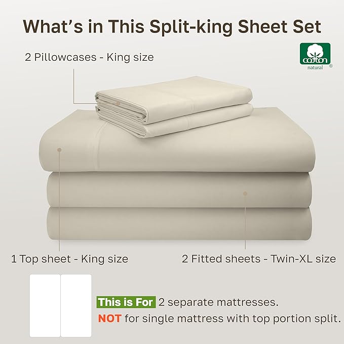 California Design Den Split King Sheet Set - 100% Cotton, Luxury 600 Thread Count Sateen, Breathable Split King Size Sheets for Adjustable Bed, Soft and Durable Sheets - Ivory (Warm Cream)