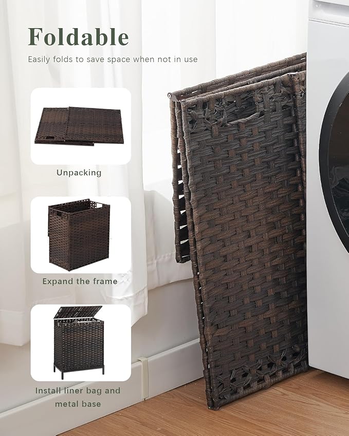 SETVSON Laundry Hamper with Lid, 112 L Handwoven Rattan Wicker Laundry Basket, 2 Removable Liner Bags Metal Heightened Feet, 6 Mesh Bags, 2 Section Large Clothes Hamper for Bathroom Bedroom, Brown - Image 6