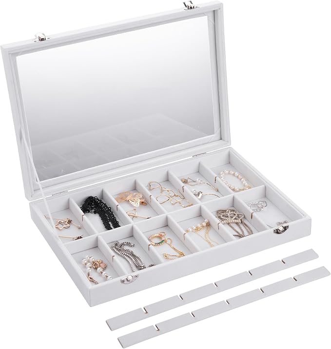 Frebeauty Velvet Jewelry Tray,24 Grid Jewelry Organizer with Clear Lid,Earring Holder Organizer with Clasp,Drawer Insert Rings Pendants Brooches,13.8 x 9.5 x 2 Inches,Gift for Women Girls(White) - Image 5