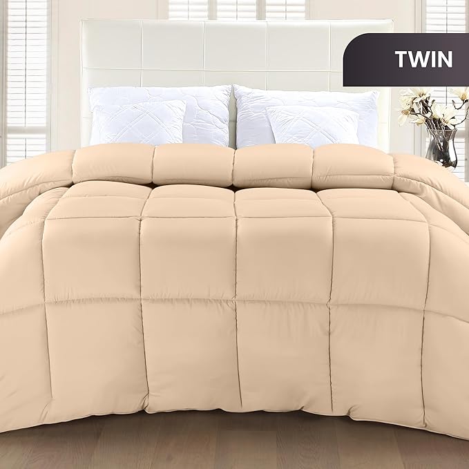 Utopia Bedding Twin Comforter Duvet Insert, Quilted Beige Comforter with Corner Tabs, Box Stitched Down Alternative Comforters Twin Size 64 x 88 inches