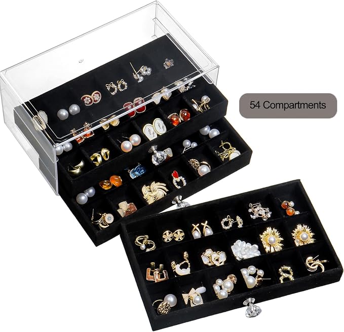SPAKOWN Earring Box Holder Organizer Case, Clear Velvet Jewelry Storage Tray Organizer for Earring Ring Stud (Black - 3 Drawers) - Image 5