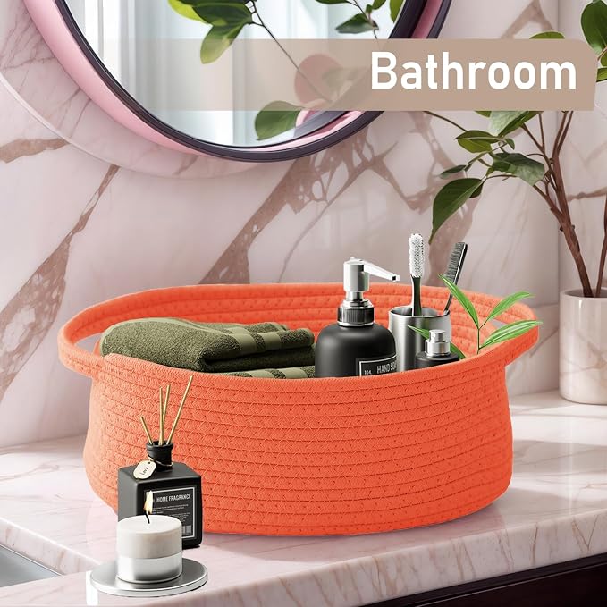 JMvicyroam Woven Basket,Small Rope Storage Bin with Handles & Ribbon Bag, Organizer for Shelves Closets,Gift Basket Empty for Birthday,Books,Dog Toys,Orange - Image 8