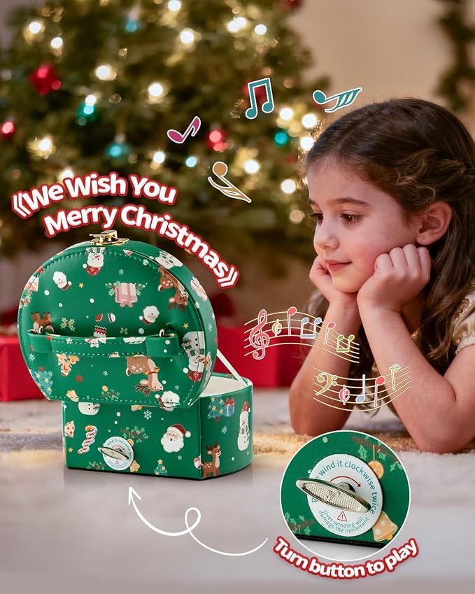 VLANDO Gifts for Girl, Musical Jewelry Box for Girls, Small Kid Music Box with Ballerina for Party Bedroom Decor, Gifts for Girls Kids - Christmas Green - Image 4