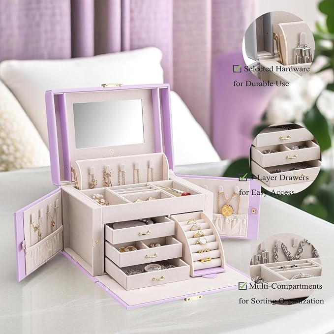 Vlando Mirrored Jewelry Box Organizer, Leather Jewelry Storage Case, Necklaces Earrings Rings Brackets Box Holder, Purple - Image 4