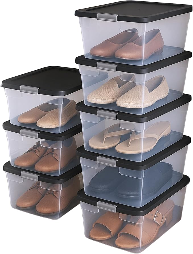 HOMZ 8-Pack Snaplock, Small Clear Plastic Storage Organizer Bins with Lids, 15 Quart, Gray - Stackable Container Boxes for Bedroom, Bathroom, Garage, and Office Organization by Homz