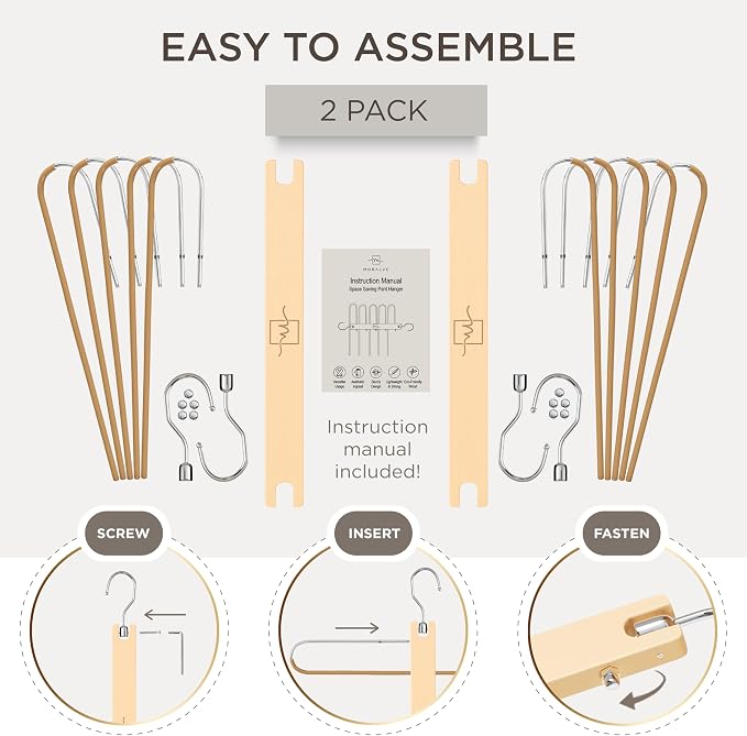 MORALVE Pants Hangers Space Saving - 2 Pack European Beechwood Scarf and Jean Hangers - Closet Organizer and Space Saver Pant Rack, Leggings Hanger, and Scarf Holder with 360° Swivel Hook - Image 7