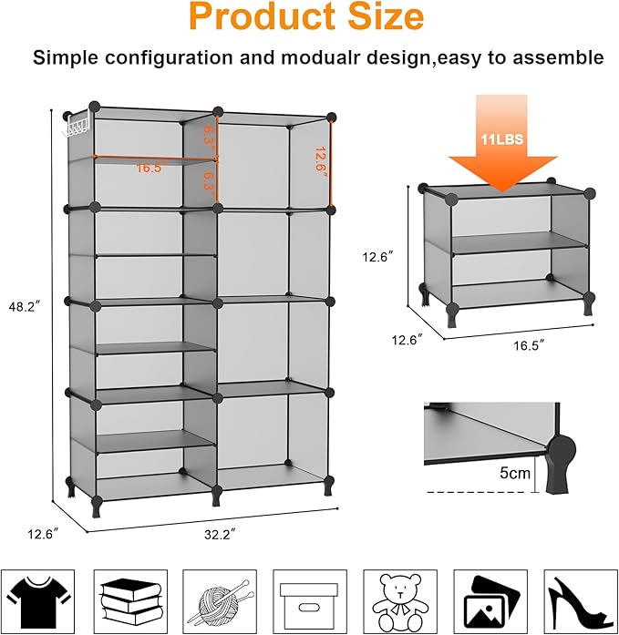 AWTATOS Closet Organizer 8 Cube Storage Shelves Clothes Organizers Stackable Cubby Shelving for Closet Bedroom Living Room Grey - Image 3