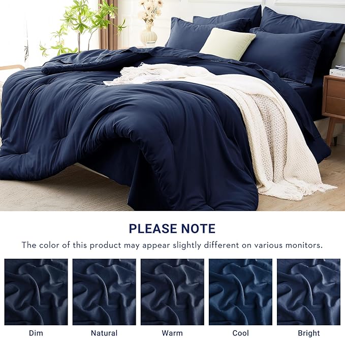 MUXHOMO 7 Pieces Queen Comforter Set, Soft Bed in a Bag Queen Size, All Season Bedding Set with Comforter, Flat Sheet, Fitted Sheet, Pillowcases & Shams, Navy Blue