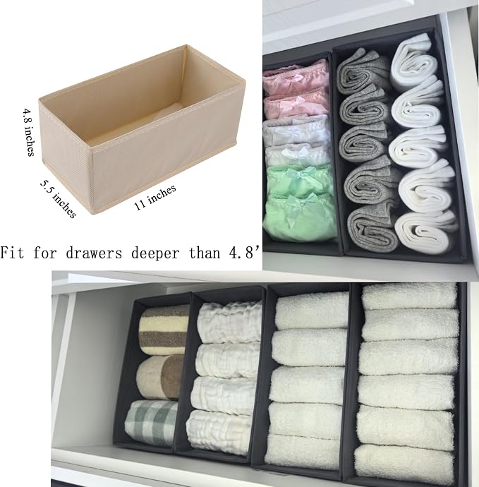 Bructhun Drawer Organizer Set of 4 Beige - Fabric Storage Bins for Clothes, Underwear, Socks & Bras - 11" Dresser Dividers for Bedroom Closet - Image 2