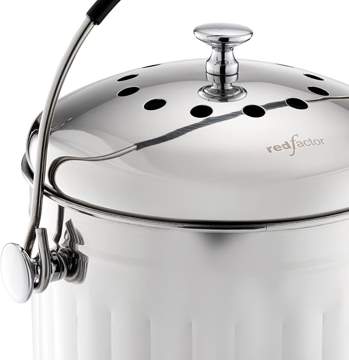 RED FACTOR Premium Compost Bin for Kitchen Countertop - Stainless Steel Food Waste Bucket with Innovative Dual Filter Technology - Includes Spare Filters (Brilliant Steel, 1.3 Gallon) - Image 2