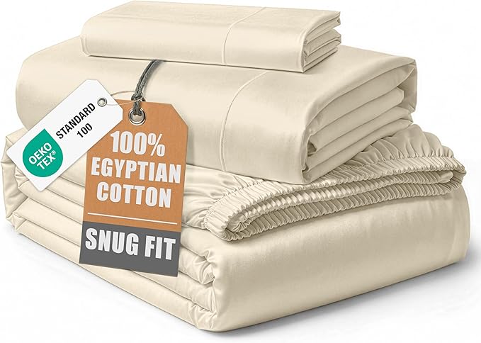 LANE LINEN 100% Egyptian Cotton Twin Bed Sheets, Eco Friendly No Pill Naturally Cooling Sheets, Soft & Comfy Sateen Weave for Silky Smooth Finish, Available in Variety of Color - Ivory