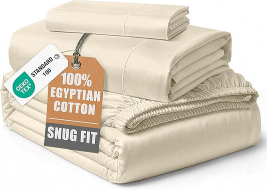 LANE LINEN 100% Egyptian Cotton Twin Bed Sheets, Eco Friendly No Pill Naturally Cooling Sheets, Soft & Comfy Sateen Weave for Silky Smooth Finish, Available in Variety of Color - Ivory