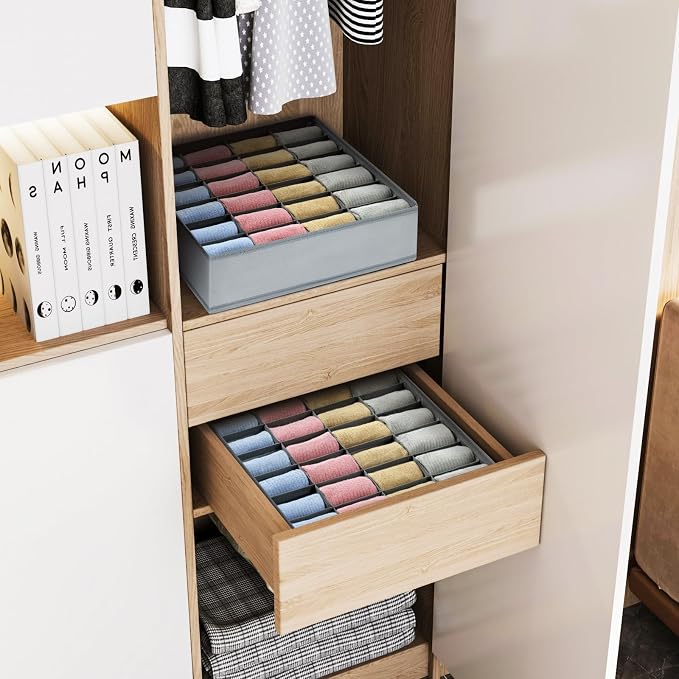 Joyoldelf Sock Drawer Organizer Divider Underwear Organizer 24-cell Fabric Dresser Drawer Organizers Storage Boxes for Socks Lingerie, Handkerchiefs, Ties 4 Pack (Grey) - Image 7