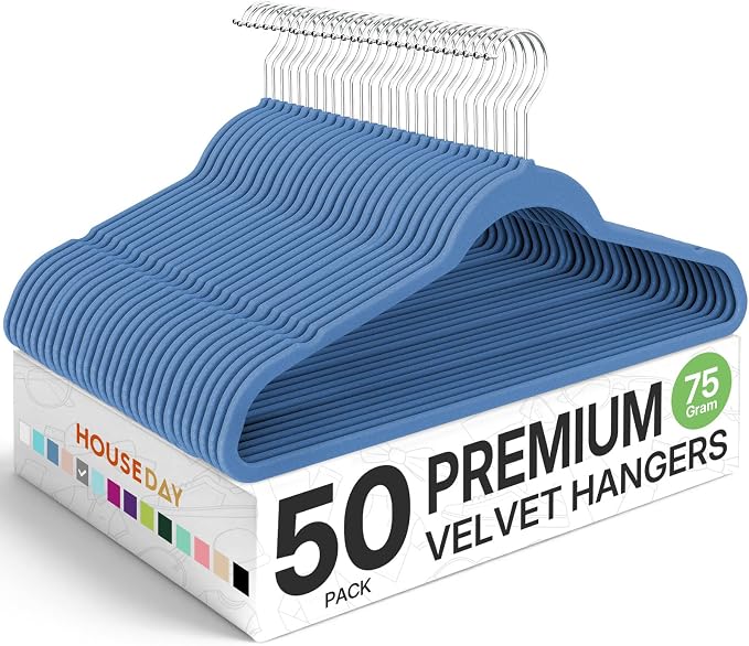 HOUSE DAY Premium Velvet Hangers 50 Pack Blue, Non-Slip Flocked Felt Hangers, Sturdy Clothes Hanger with 360° Rotatable Hook, Heavy Duty Durable Slim Coat Hanger for Closet Space Saving by HOUSEDAY
