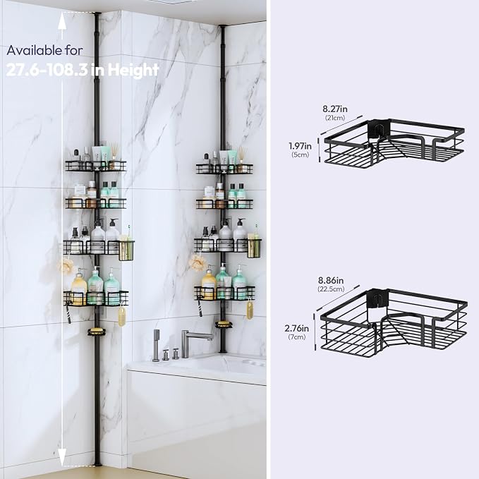 SWTYMIKI Shower Caddy Tension Pole - 4-Tier Corner Shower Organizer Tension Rod with Soap Holder, Toothbrush Holder & 4 Hooks, Adjustable Stainless Steel Bathroom Organizer 27.6 to 108.3 inch, Black - Image 8