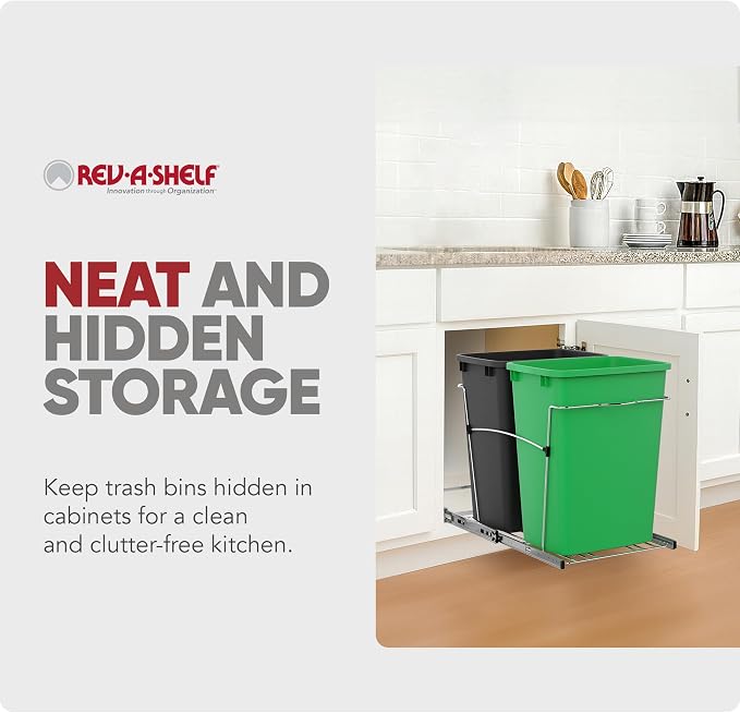 Rev-A-Shelf RV-18KD-1918C-S Double Pullout Trash Can for Kitchen Cabinets 35 Quart Garbage Recycling Bin Container on Full Slides, Green/Black - Image 5