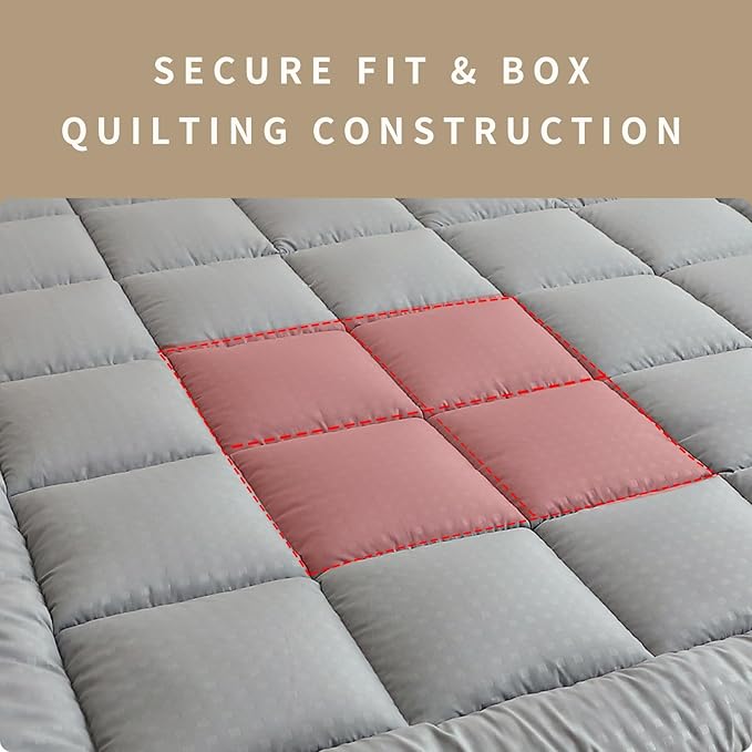 Quilted Fitted Mattress Pad, Elastic Fitted Mattress Topper Protector and Cover Stretches up to 14 Inches Deep, 4 Anchor Elastic Bands, Machine Washable (Lgrey, Full)