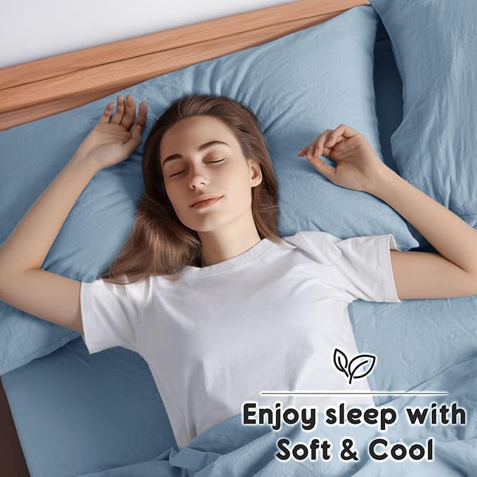 SONORO KATE 100% French Pure Linen Sheets, Breathable and Durable Linen King Size Sheets, Anti-Tear Linen Bed Sheets, Machine Washable, 16 Inch Deep Pocket - 4 Piece (Dusty Blue, King)