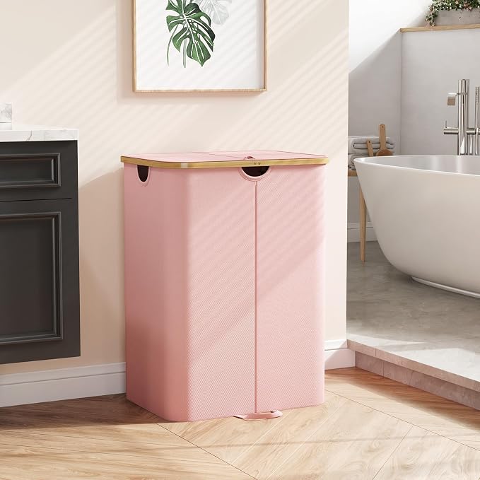 Lifewit 150L Double Laundry Hamper with Lid, Large Laundry Basket with Removable Bag & Bamboo Handles, Fodable Tall Dirty Clothes Hamper for Laundry Collapsible Bin for Bathroom Bedroom Dorm, Pink - Image 8