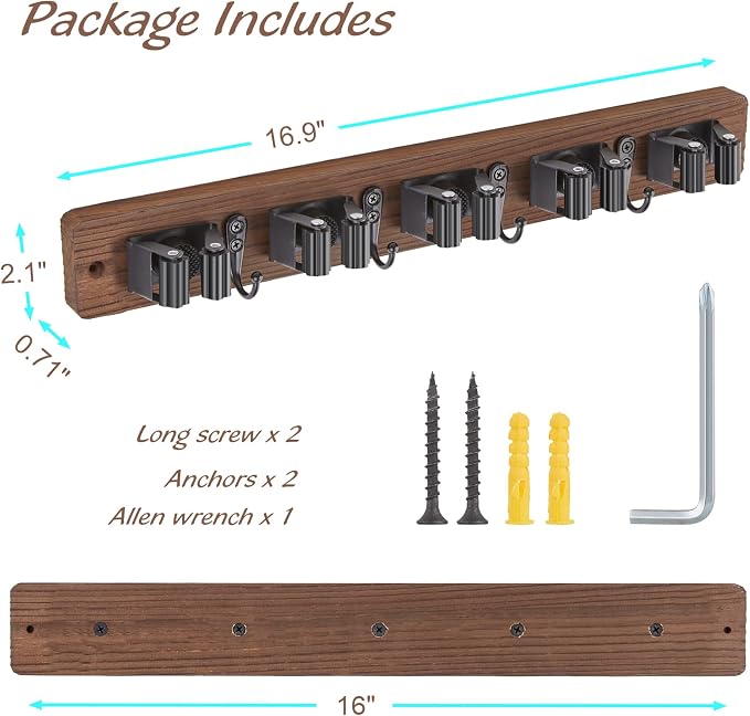 OUTNILI Mop and Broom Holder Wall Mount - Wood Broom Mop Hanger - Wall Mounted Garden Tool Rack Organizer for Closet Garage Laundry Room for Rustic Kitchen Decor With 5 Slots & 4 Hooks - Image 6