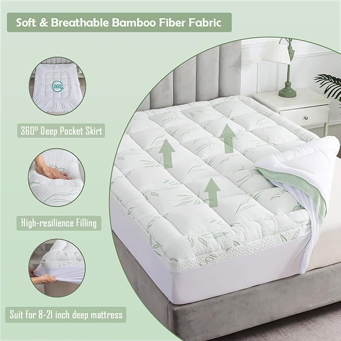 WhatsBedding Twin Mattress Topper, Soft Pillow Top Mattress Topper with Deep Pocket Fits 8–21 Inch,7D Spiral Fiber Filling, Bamboo Viscose Air Layer Mattress Topper Twin.