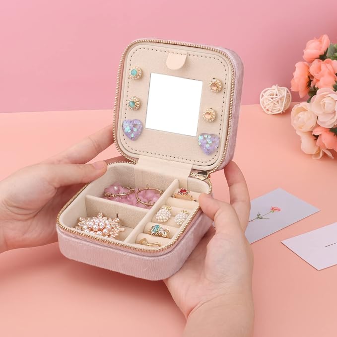 DesignSter Travel Jewelry Box - Velvet Mini Jewelry Organizer, Small Jewelry Case for Girls Women, Jewelry Storage Box for Rings Earrings Necklace (Square, Lotus Pink) - Image 7