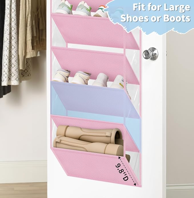 AOODA 10 Tier Clear Over the Door Shoe Organizer Storage, Deep Pockets Large Hanging Shoe Rack for Closet Door, Fit 20 Pairs Shoe Holder Hanger for Sneakers, Boots (Pink) - Image 3