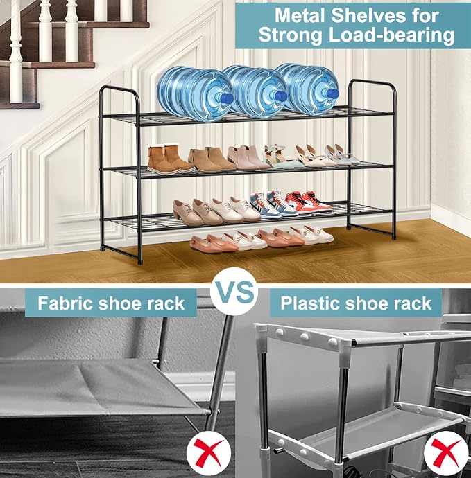AOODA Long 3 Tier Metal Shoe Rack for Closet Wide Stackable Shoe Storage Organizer for Entryway, Bedroom, Floor, 24-Pairs Men Sneakers Shoe Shelf with Wire Grid, Black - Image 4