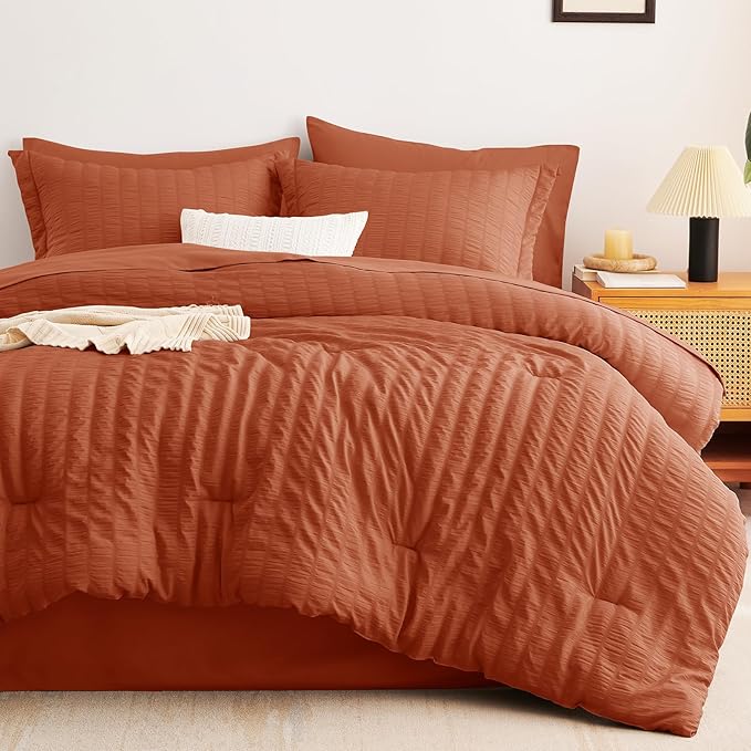 CozyLux Queen Comforter Set Burnt Orange Seersucker 7 Pieces Bed in a Bag Queen Comforter Set with Sheets, Terracotta Luxury Bedding Sets with Down Alternative Comforter, Sheets, Pillowcases & Shams