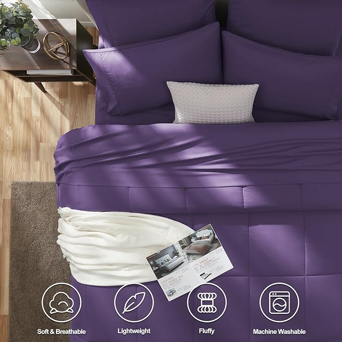 CozyLux Queen Comforter Set Purple, 7 Pieces Bed in a Bag, Purple Comforters Queen Size, All Season Bedding Sets with Stitch Quilted Comforter, Flat Sheet, Fitted Sheet, Pillowcases