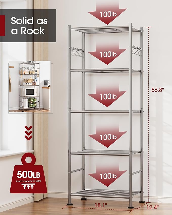 Sakugi Storage Shelves - 5-Tier Large Capacity Shelf Organizer with Hooks, Heavy-Duty Garage Shelving with Leveling Feet, Wobble-Free Rack for Bedroom, Balcony, Garage, 18.1"×12.4"×56.8", Silver - Image 3