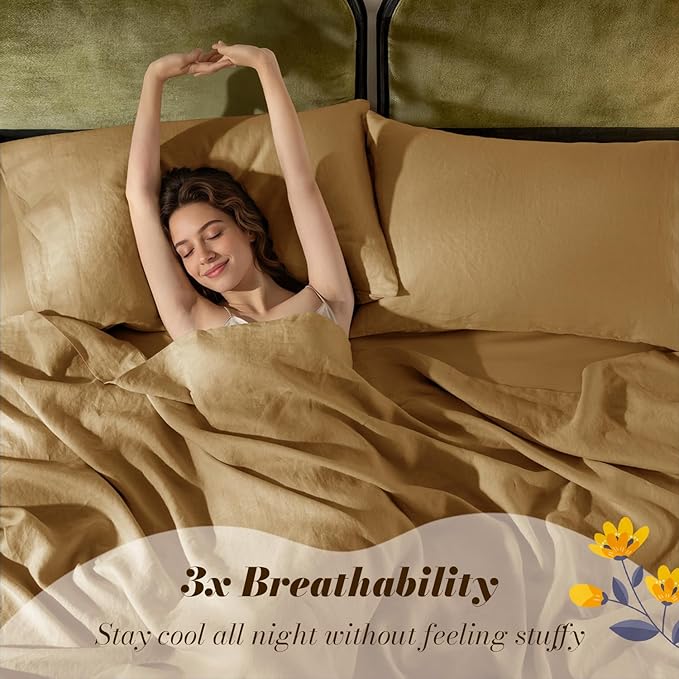 SONORO KATE 100% French Pure Linen Queen Size Sheets, Breathable and Durable, 16 Inch Deep Pocket - 4 Piece (Rust)