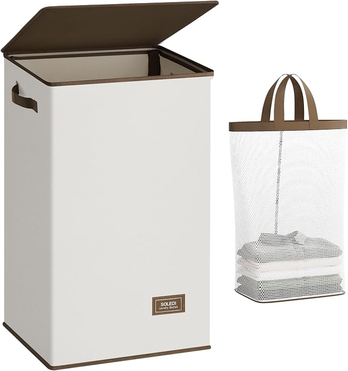 SOLEDI Laundry Hamper with Lid 90L Large & Tall Collapsible Laundry Basket, Clothes Hamper with Bag Removable Easy to Carry, Dirty Hampers for Bedroom, Bathroom, Dorm, College, Beige by SOLEDI