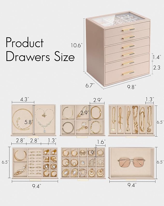 VLANDO 6 Layer Jewelry Box for Women, Glass Lid Jewelry Organizer with 6 Drawers for Necklaces Rings Earrings Bracelets - Toffee - Image 3