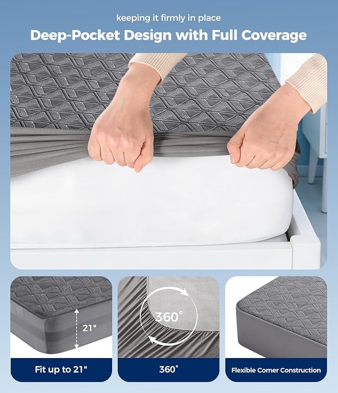 Waterproof Mattress Protector King Size, Soft Breathable Mattress Pad with Deep Pocket 8"-21", Noiseless 3D Air Fabric Cooling Mattress Cover for Bed, Machine Washable, Grey