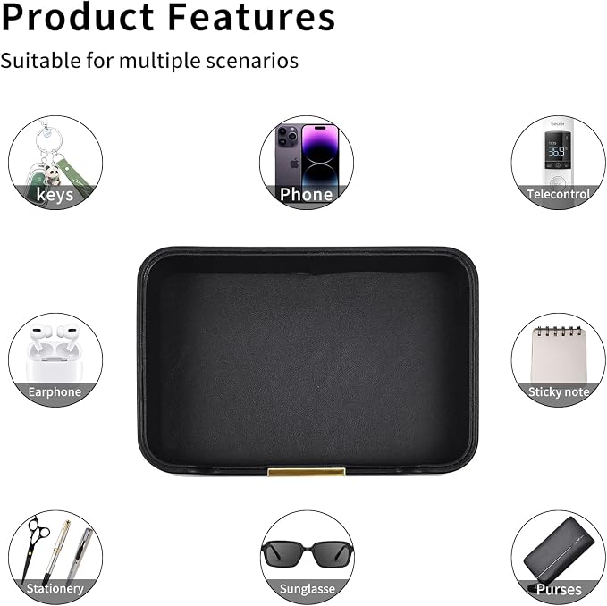 Luxury Leather Valet Tray Desktop Storage Organizer,Bedside Vanity Catchall Tray Nightstand Caddy Holder for Cosmetic,Jewelry,Watch,Keys,Phone,Wallet,Remote Controller,Pen,Black - Image 6