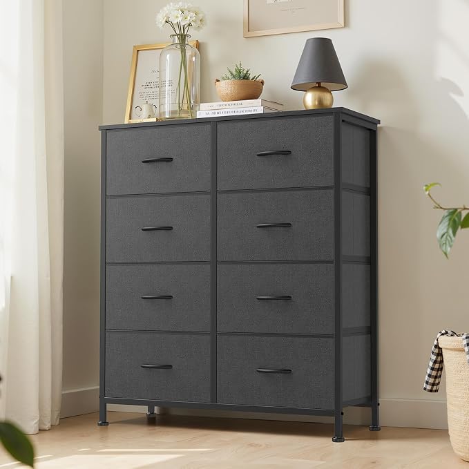 Sweetcrispy 8 Drawer Dresser with Fabric Bins Fabric Storage Tower Organizer for Bedroom Closet Hallway Entryway Tall Chest of Drawers with Steel Frame Wood Top Easy Pull Handles,Grey - Image 2