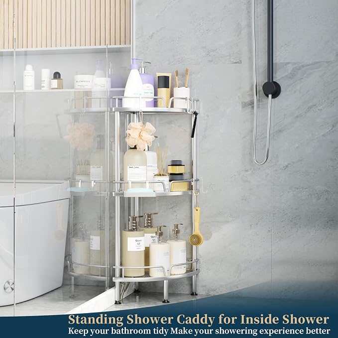 Consumest Corner Shower Caddy Stand - 3 Tier Shower Organizer with Soap Holder, Tall Floor Corner Shelf Standing with Adjustable Feet & 4 Hooks, Storage Rack for Bathroom, Silver - Image 4