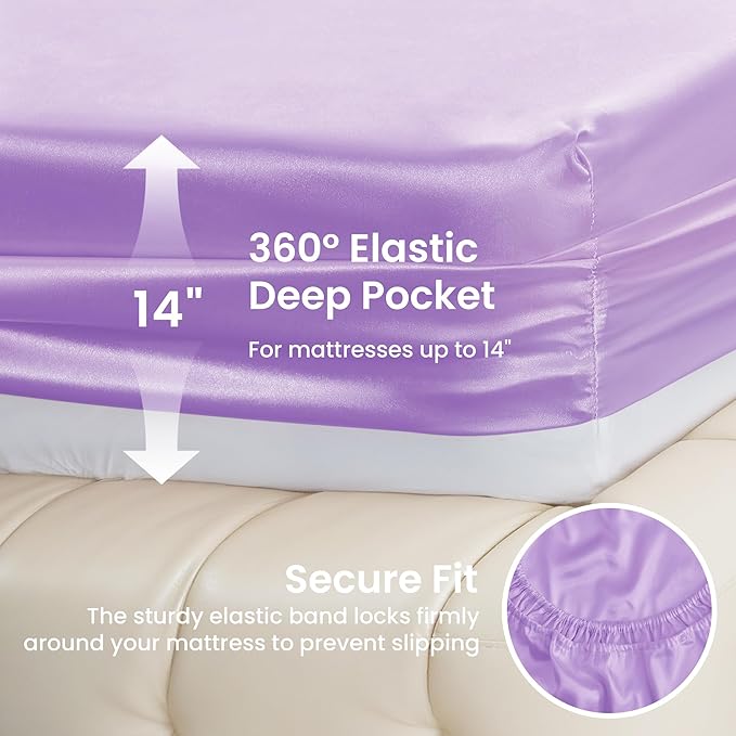 Love's cabin Full Size Satin Sheet Sets - 4 Piece Lavender Silky Sheet Set with Deep Pocket, Luxury Silk Feel Satin Sheets Full Bedding Set (1 Flat Sheet,1 Fitted Sheet,2 Pillow Cases)