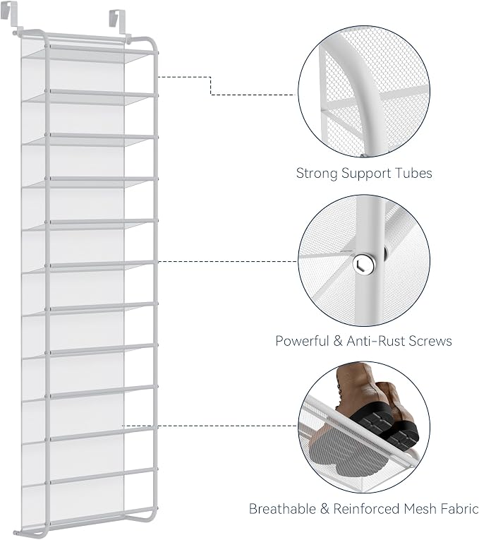 Whitmor 36 Pair Over The Door Shoe Organizer, 12 Tier Hanging Shoe Organizer, Heavy Duty Metal & Mesh Shoe Holder, Hanging Shoe Rack for Closet Organizer & Storage, 69"L x 21.7"W x 7.5"H, Matt White - Image 3