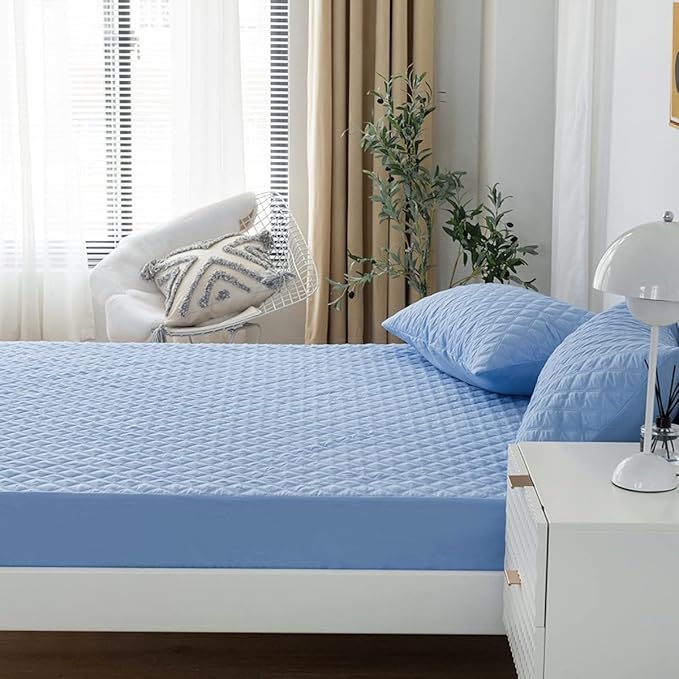 jejeloiu Blue Quilted Mattress Pad, 100% Waterproof Breathable Twin Bedding Fitted Sheet Mattress Protector 14" Deep Pocket Cotton Snow Down Alternative Filling Mattress Cover (Twin,Blue)