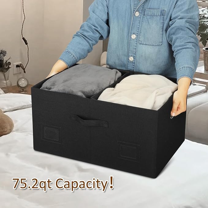 Graciadeco 75 Quarts Extra Large Decorative Storage Bins with Lids, 3 Packs Black Collapsible Storage Bins with Lids, Stackable Storage Bins Decorative Box Storage With Lid Extra Large - Image 3
