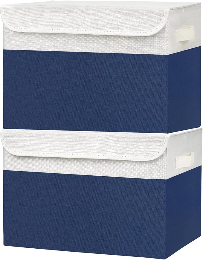 Bagnizer Large 42 Quarts Fabric Storage Bins with Lids [2-Pack] Linen Collapsible Foldable Baskets, Closet Organizer Containers boxes with Handles for Home Office (16.7 x 12 x 12, Navy Blue & White) by Bagnizer