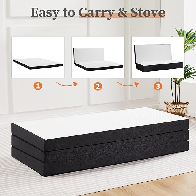Sweetcrispy Tri-Fold Memory Foam Mattress with Collapsible and Washable Cover, Portable Floor Bed with CertiPUR-US Certified, for Travel & Yoga, Guest Mat