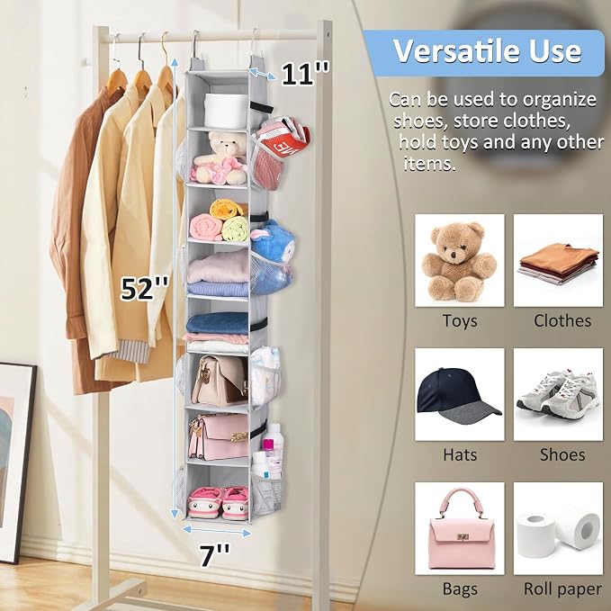 SLEEPING LAMB 8 Shelves Hanging Shoe Rack Hanger, Narrow Hanging Shoe Organizer for Closet Storage Clothes, Gloves, Bags, with 8 Large Mesh Pockets to Hold 16 Pairs Shoes in Dorm, Grey - Image 7