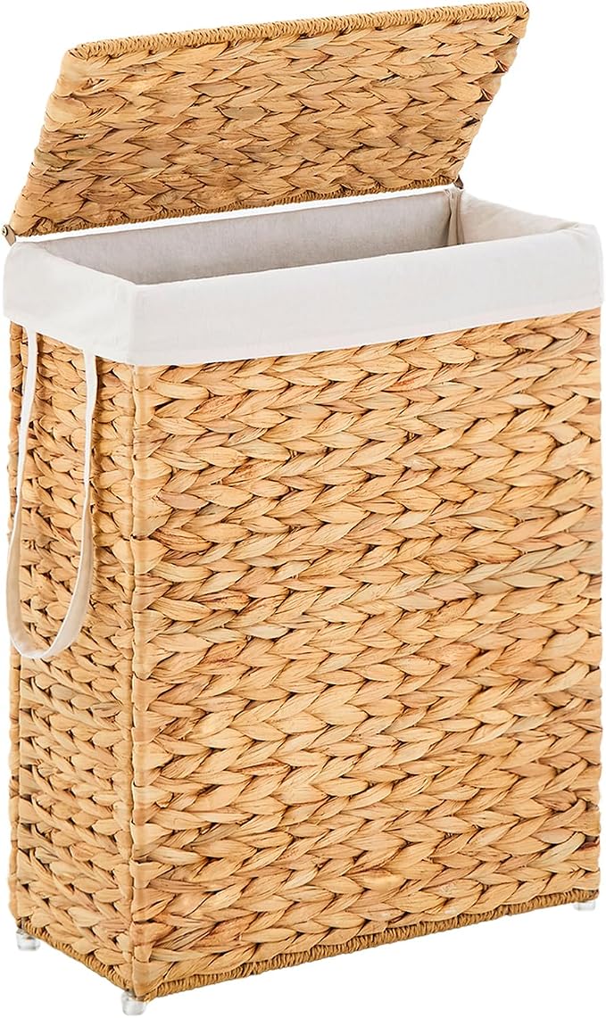 Handwoven Slim Laundry Hamper with Lid, 55L Natural Water Hyacinth Basket and Handles, Narrow Wicker Laundry Basket with Removable Liner Bag & 2 Mesh Bags by LGENHOOMHandwovenNaturalWaterHyacinthBasket
