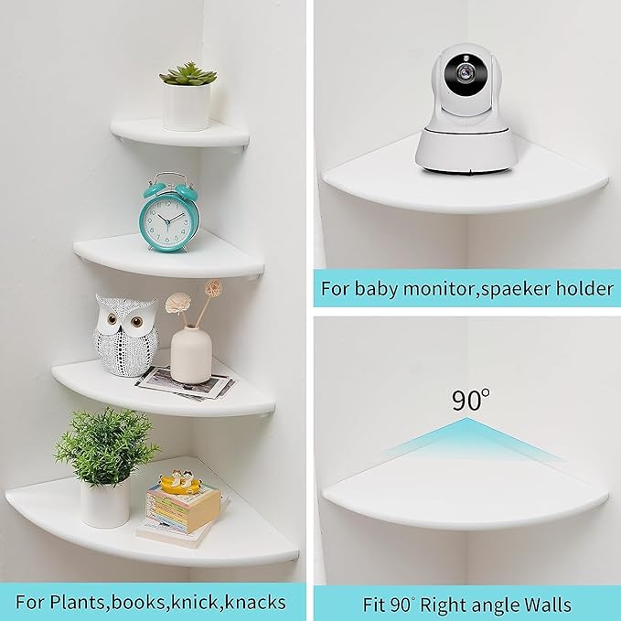 Corner Wall Shelves, White Floating Corner Shelf, Set of 2 16inch Solid Oak Wood Shelves, Round End Wall Mount Display Shelf with Wire Hole for Small Plant for Bedroom Kitchen, Living Room - Image 3